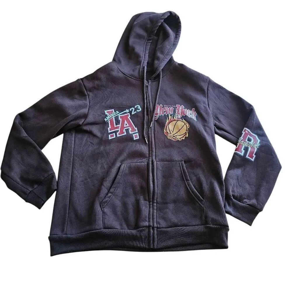 Mens Sz M brown letter print zip up hoodie